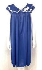 Vtg Shadowline Blue Satin Ruffle Bib Lace Nightgown Cottagecore Sleepwear Size M