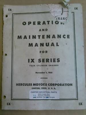 Vtg Original 1955 Hercules IX Series Engine Operator & Maintenance Manual