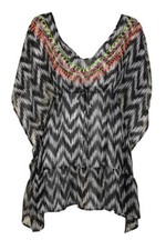 Miken Swim Black White Printed Embroidered V-Back Ruffled Cover-Up Tunic L