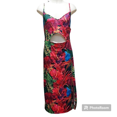 cut out maxi dress shein SHEIN Pink Tropical Print Waist Cut Out Halter Maxi Dress