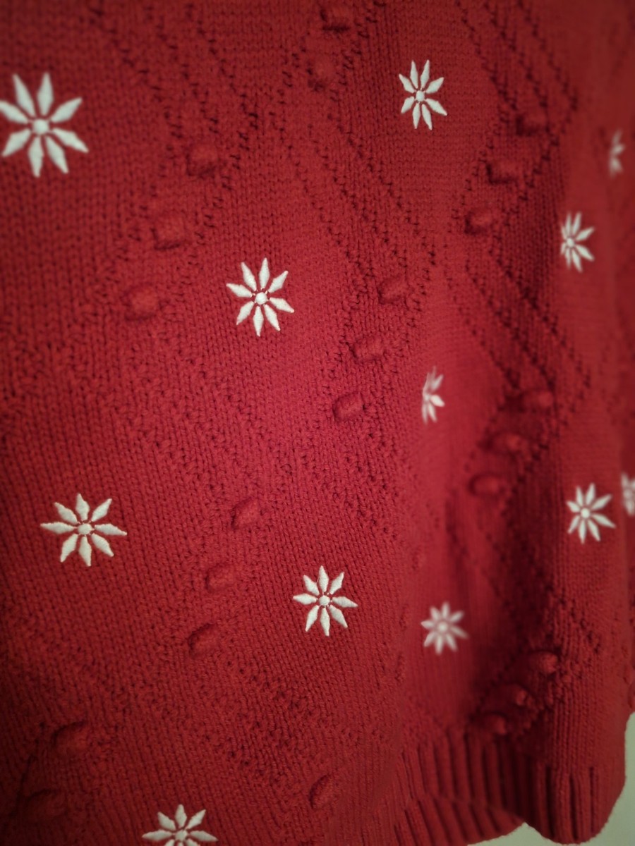 Womens Red/White Knit Button Front Cardigan Sweater Embroidered Snowflake View 4