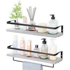 Bathroom Shelves with Towel Bar, Wood Metal Frame, 2 Pack   Floating White