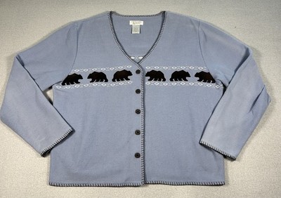 VTG Womens Knit Button Up Cottagecore Granny Bear Cardigan Blue LARGE