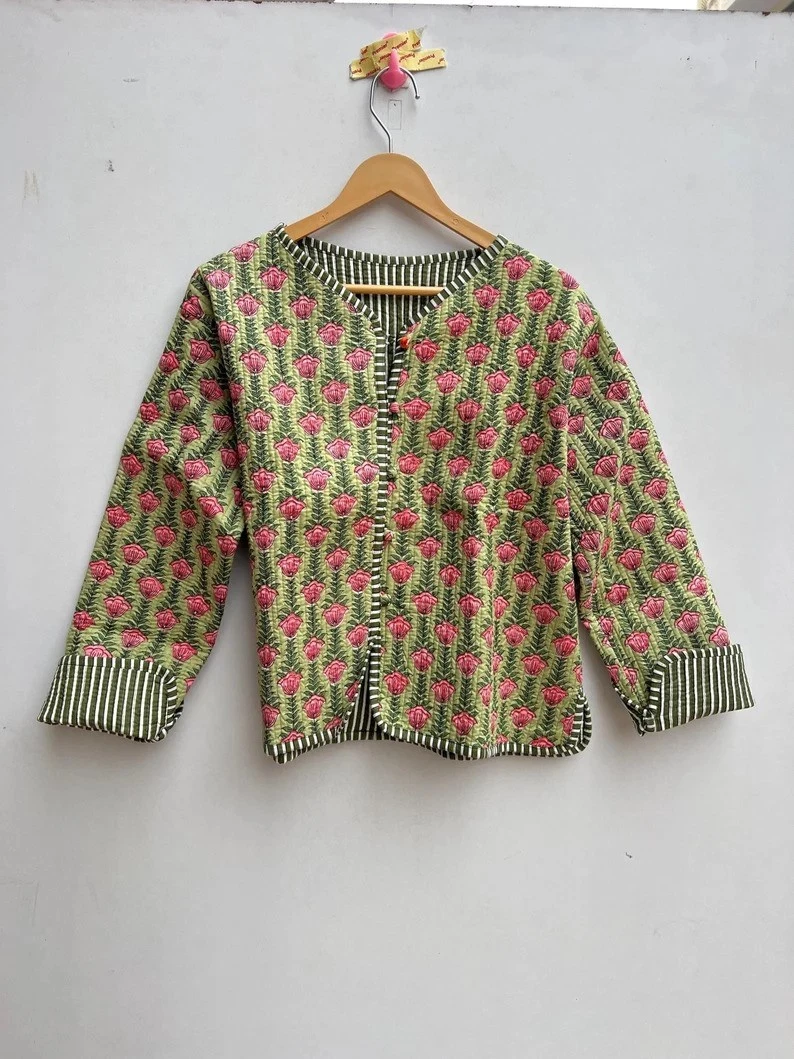 Indian Green Floral 100% Cotton Quilted Unisex Jacket Women's Clothing Jacket AU