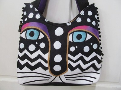 Lauren Burch cat purse Dramatic black & white Gold trim captivating eyes