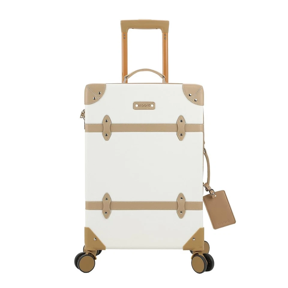 Paquete de 2 maletas rígidas blancas de inspiración vintage con detalles marrones Foto 2 de 4