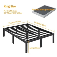 14 Inch King Size Metal Bed Frame - Heavy Duty Platform, No Box Spring, Black