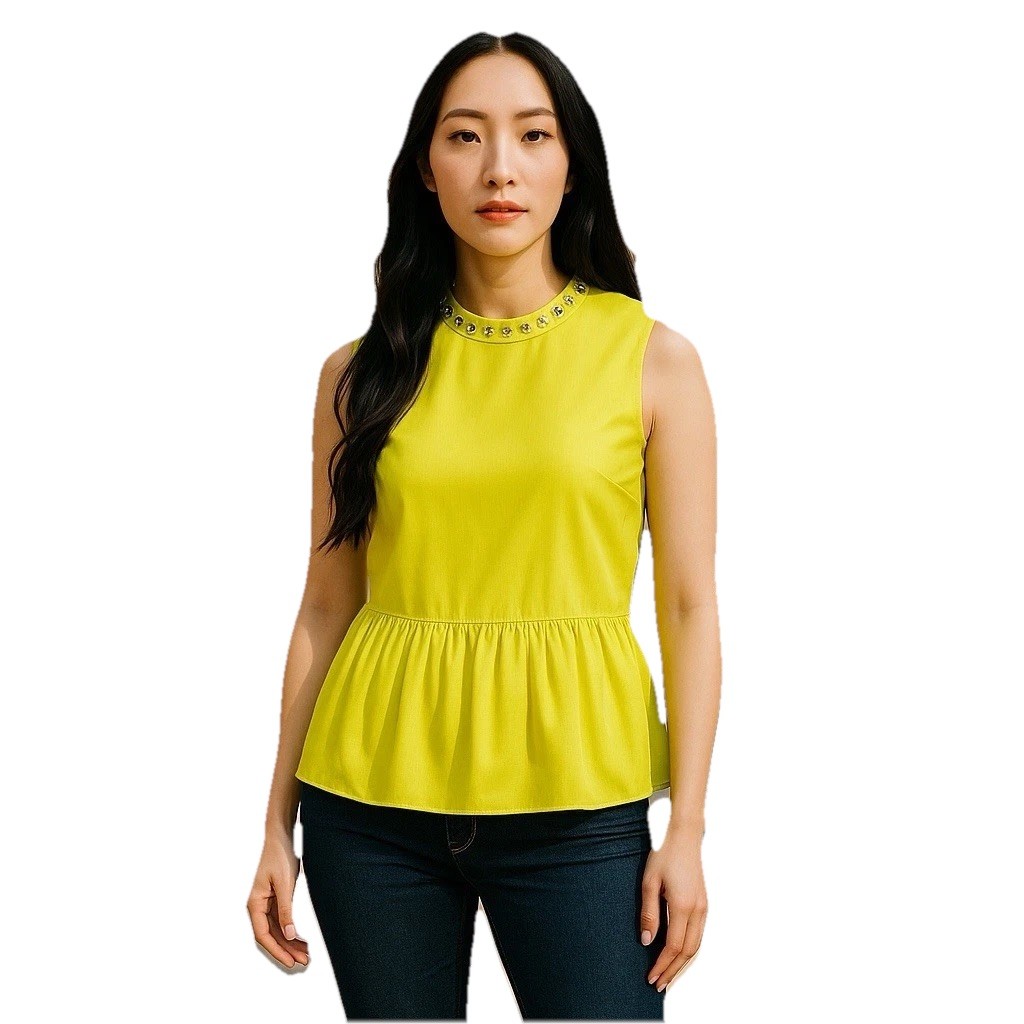 J. Crew Black Label Women’s Top Small Chartreuse Rhinestone Beaded Mock Neck