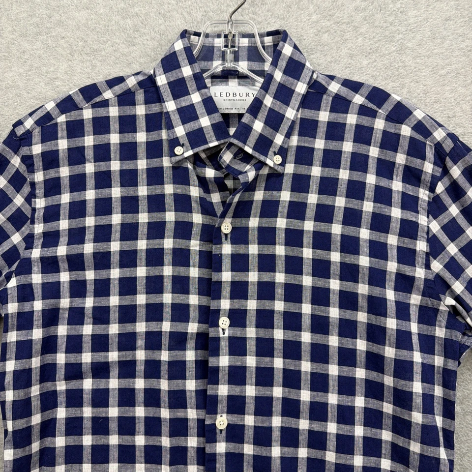 Camisa Ledbury Para Hombre Mediana 15.5 Azul Cuadros Guinga Calce A Medida Ajustado Mezcla de Lino Foto 2 de 4