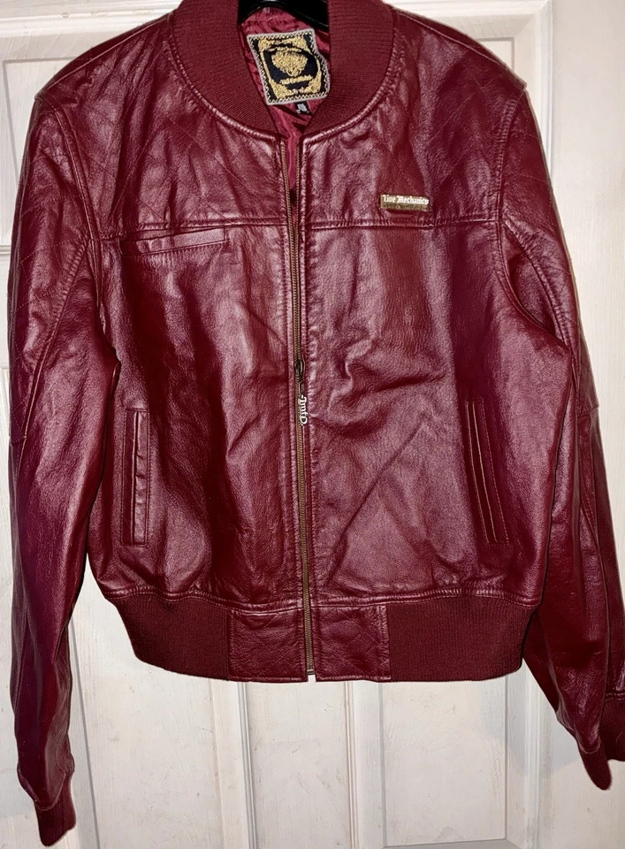 Live Mechanics Women's Bomber Leather Zip Jacket US Large Burgundy Vintage New - Image 3 of 4