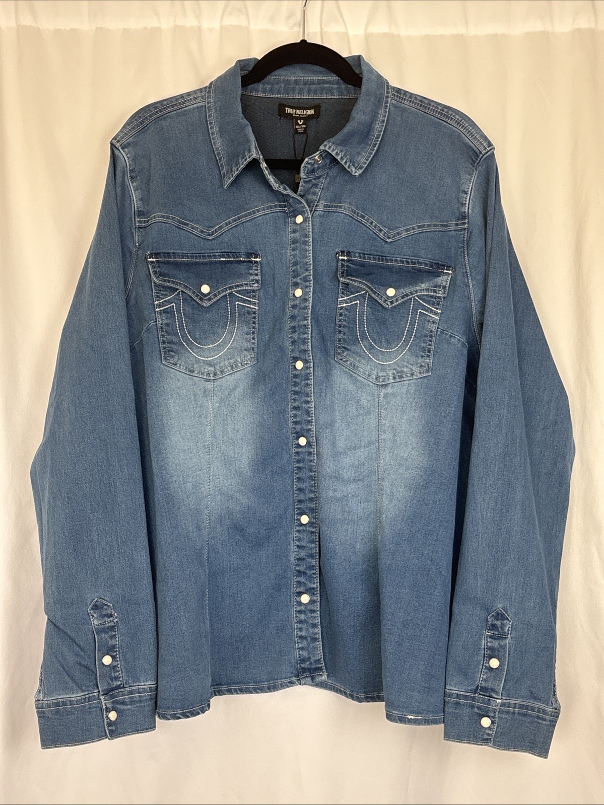 True Religion Women’s 3x Denim Western Shirt Long Sleeve Button Up Pearl Snap