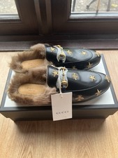 Gucci Princetown Fur-Lined Leather Loafer Mules Black/Gold Bee EU 39 Brand New