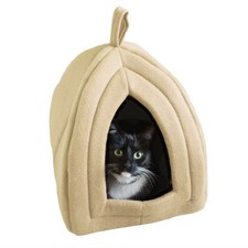 Tan Cat Pet Igloo Cave Enclosed Covered Tent House Removable Cushion Bed
