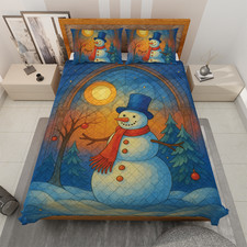 Cute Snowman Christmas Eve Festive Winter Holiday Merry Xmas Quilt Bed Set
