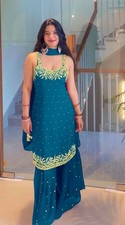 Designer Blue Faux Georgette Suit Set With Beads, Riyal  Mirror Handwork