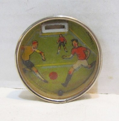 SOCCER VINTAGE ANTIQUE DEXTERITY SKILL GAME BEAD IN HOLE GLASS METAL FOOTBALL