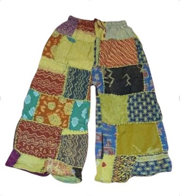 Multicolor Boho Festival Patchwork Pants Wide Leg Elastic Waist Vintage Style