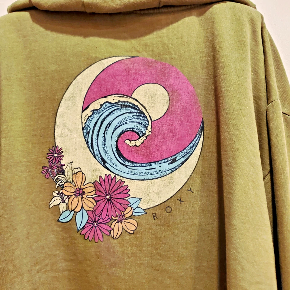 Sudadera con Capucha Roxy Cremallera Completa Verde Estampado Floral en la Espalda, Talla M Foto 2 de 4