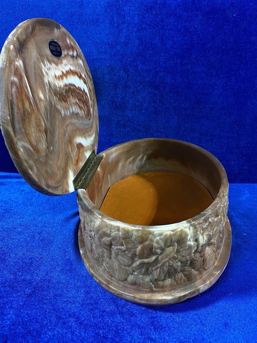 Vintage Genuine Incolay Stone Oval Jewelry Box Peacock & Floral