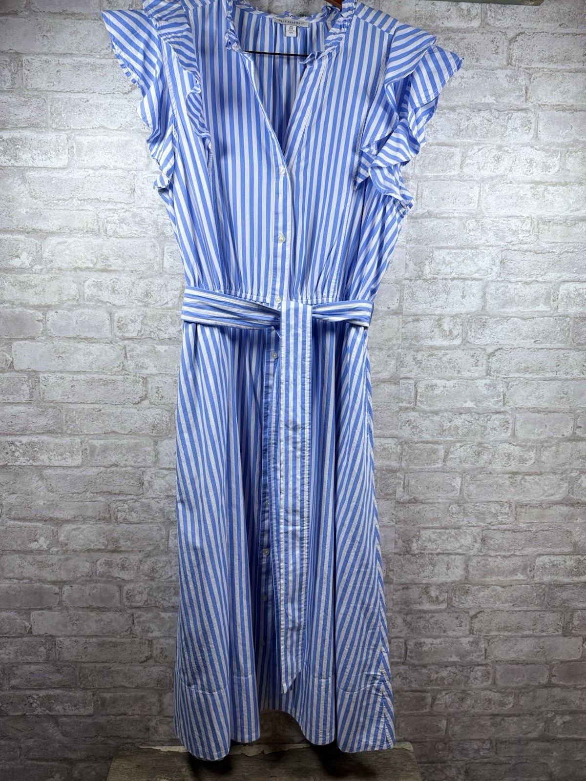 Free Assembly Striped Cotton Midi Dress Ruffle Sleeves Button Front Belt XXL