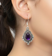 925 Solid Sterling Silver Purple Amethyst Pear Shape Hook Earring-1.3 Inch