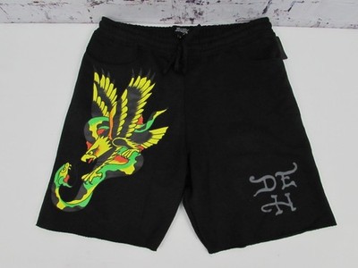 ED HARDY Eagle Snake Fire Skull Fleece Sweat Shorts Black Men s Sz L NWT.