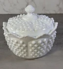 Vintage Fenton White Milk Glass Hobnail Covered Candy Dish Trinket Box Scalloped