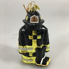Kurt Adler Noble Gems Firefighter Black Uniform Hat Boots Glass Ornament NEW
