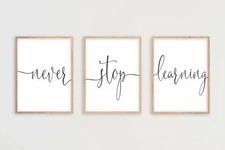 Never Stop Learning, Set of 3 Prints, Minimalist Art, Typography, Home Art Decor