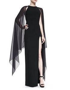 Cape Sleeve High Slit Plain Chiffon Maxi Dress