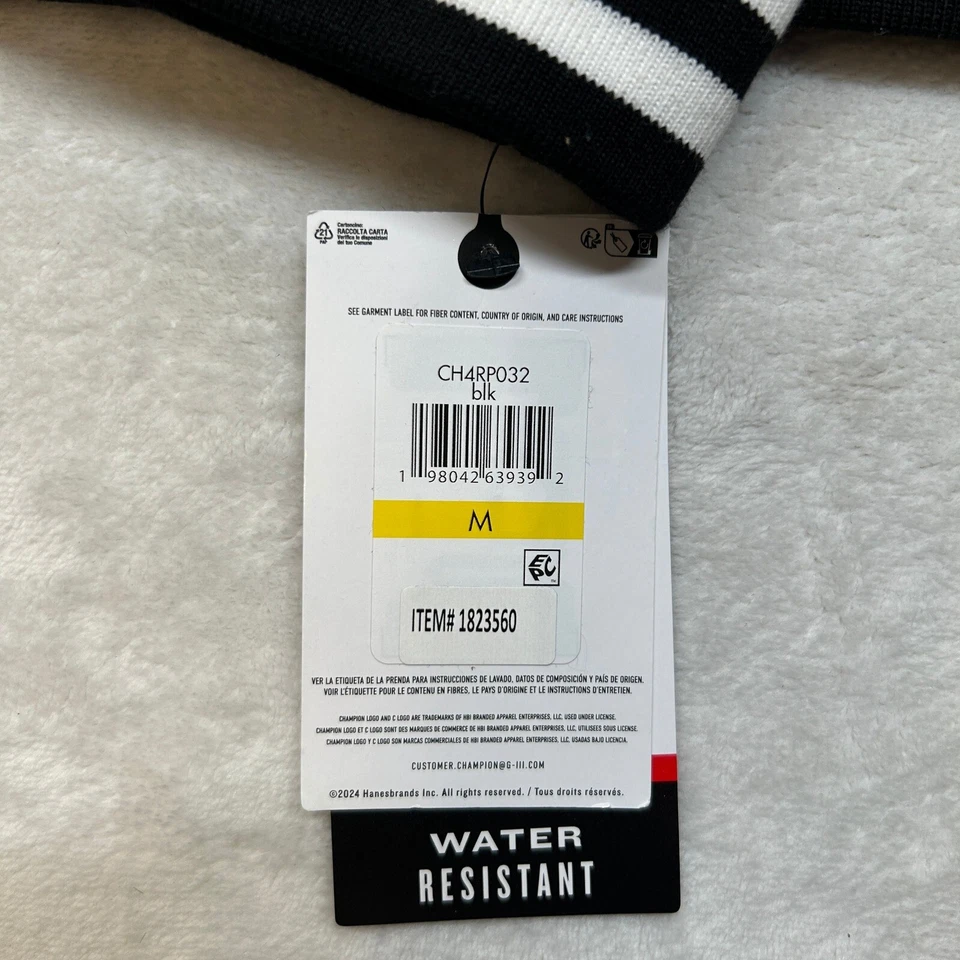 Chaqueta de bombardero Champion para hombre mediana negra cremallera completa cortavientos puños a rayas NUEVA Foto 4 de 4