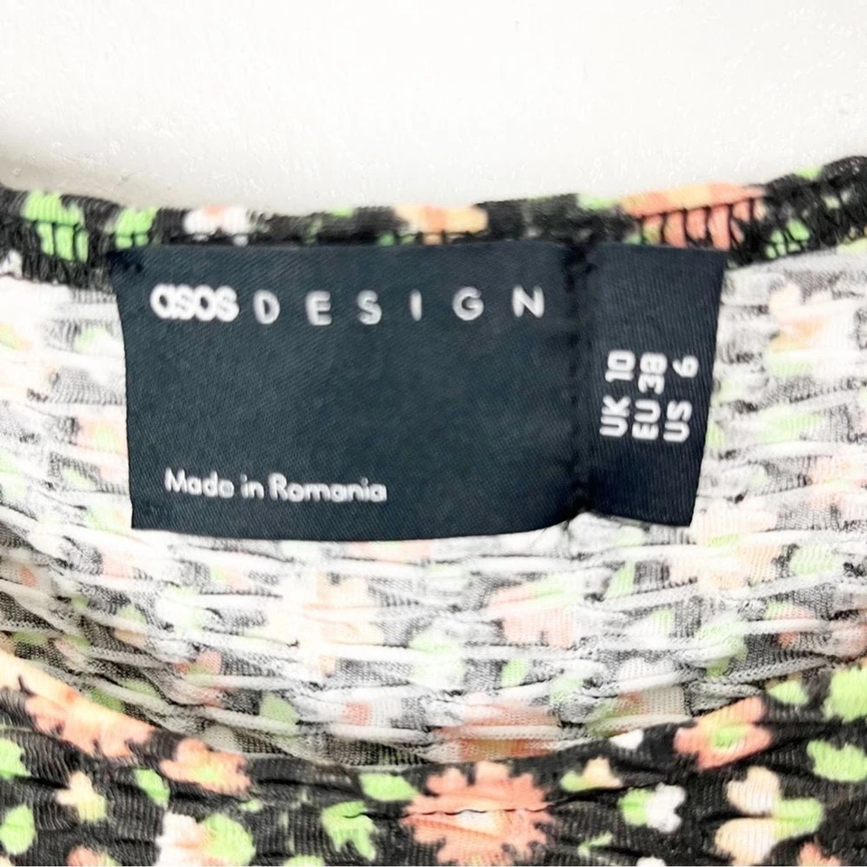 ASOS Design Black Ditsy Floral Print Puff Sleeves Tiered Smock Dress, Size 6 - Image 3 of 4