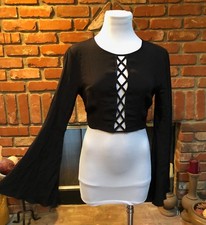 VTG Black Steampunk Criss Cross Cropped Long Flared Bell Sleeve Shirt Top XS/S