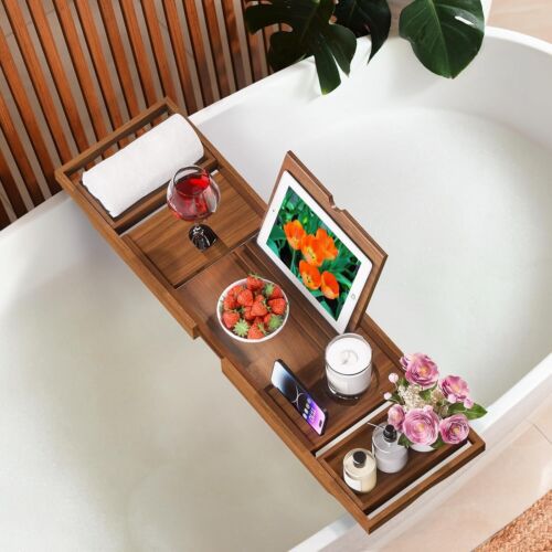 Erweiterbare Badewannenablage für Badewannen - Stilvolles Teakholz Accessoire zum Entspannen - Bild 5 von 8
