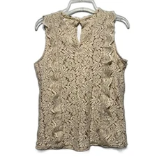Tank Top Blouse Woman sz Large Tan Cream Crochet Floral Lace Loose Flowy Fit