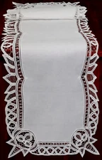 Battenburg Lace Table Runner 16x52" Oblong White Cotton Handmade Dresser Scarf