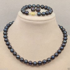 Fashion Women's 8-9mm Natural Black Pearl Necklace Bracelet Earrings Set