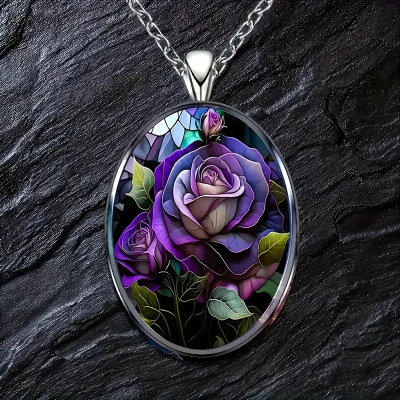 Flower Purple Oval Jewelry Vintage-Silvery Gothic Rose Love Pendant Necklace