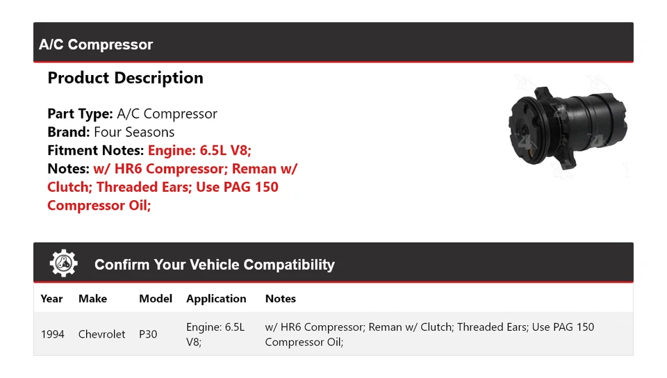 Компрессор кондиционера 4 сезона для 1994 Chevrolet P30 6,5 л V8 - Изображение 2 из 4