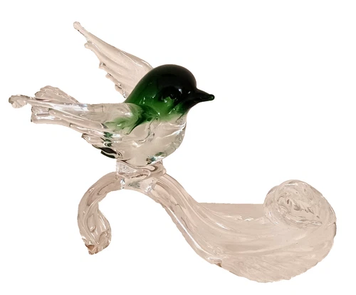 Vintage Murano Style Art Glass Mid Century Green Bird on Wave Branch