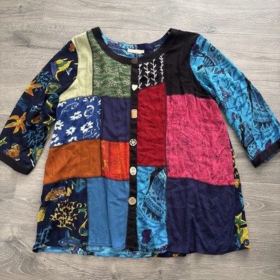 LA Cera Women s 2X Button up top Artsy colorful cool buttons lightweight funky