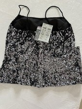 Cache Gray/Black Solid Sequin Lined Spaghetti Strap Camisole Cami Top S