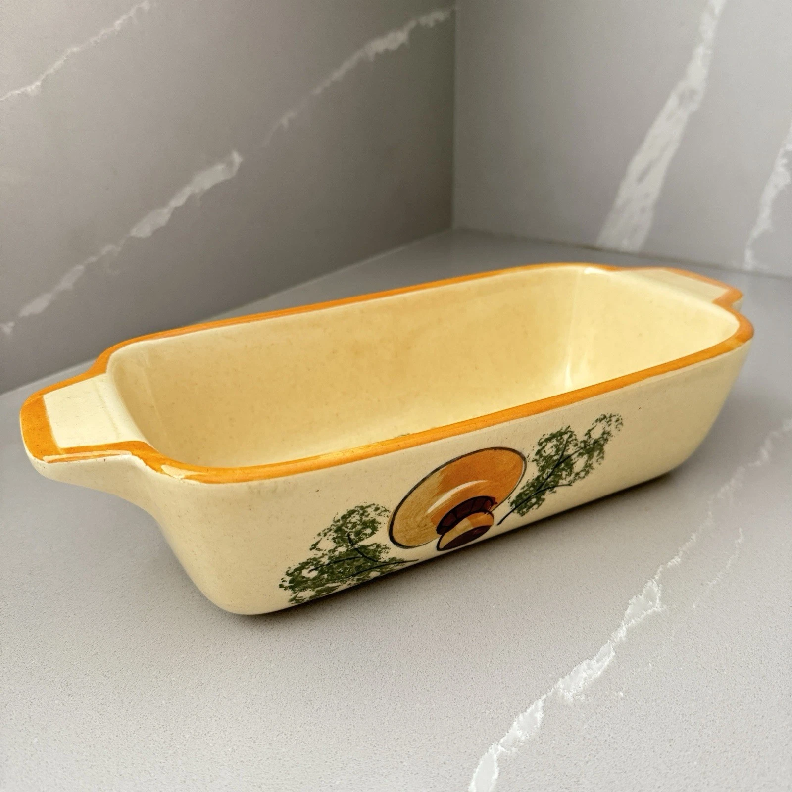 Vintage 1971 Los Angeles Potteries Harvest Mushroom Ceramic Loaf Pan Yellow