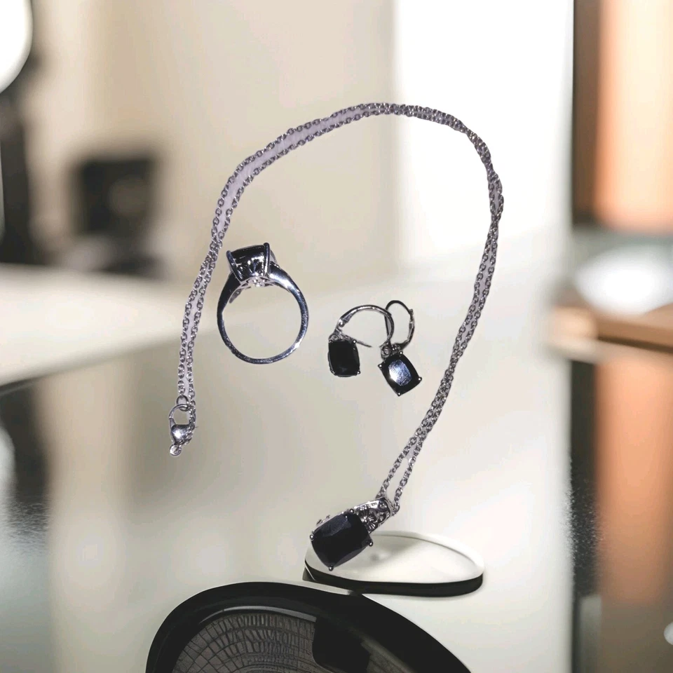 🔥Juego de espinela tailandesa negra anillo 19,80 quilates talla 9 8, colgante en cadena de acero inoxidable🔥 Foto 4 de 4