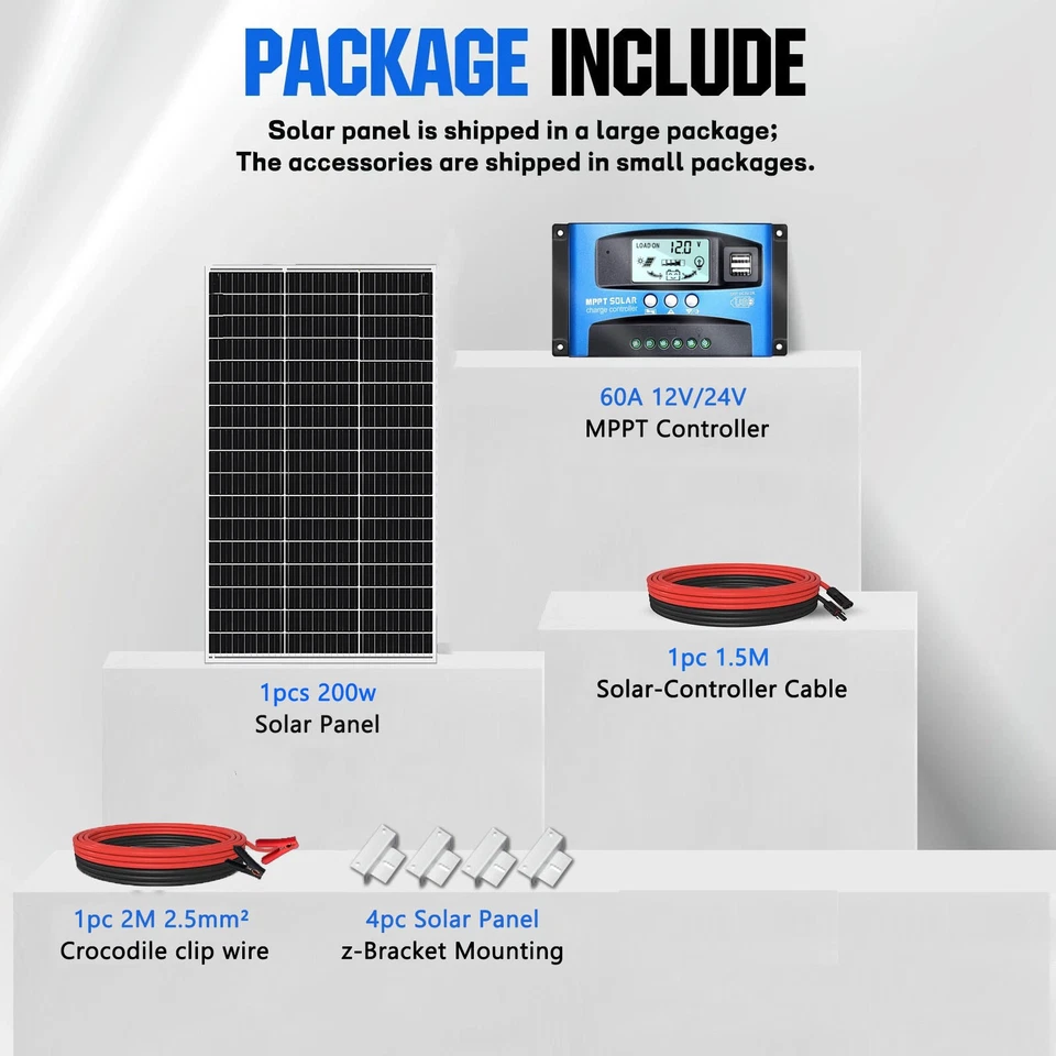 200W Solar Panel Kit Mono Off Grid Power For RV Campervan Boat Caravan Motorhome - Image 2 of 4
