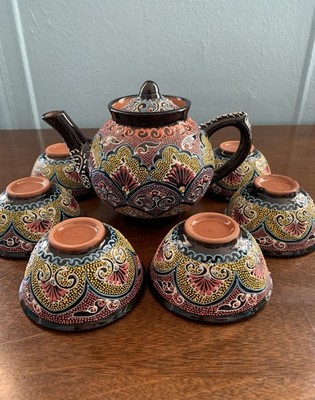 Handmade Uzbek 3D Dot Painted Ceramic Teapot Rishton Pottery Tea Set Gift