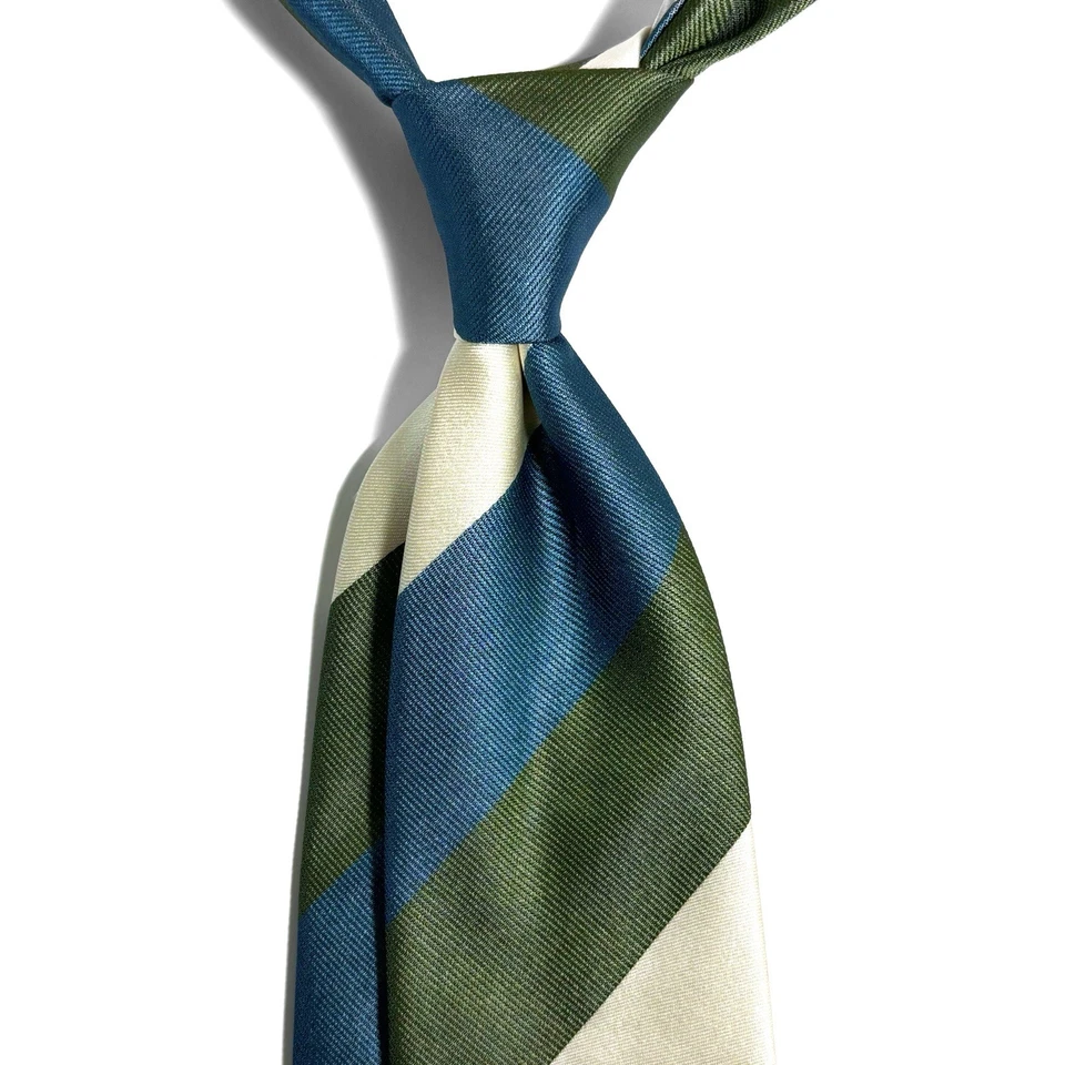 Corbata de seda a rayas azul/verde/marfil (hecha a mano en Italia) Foto 2 de 3