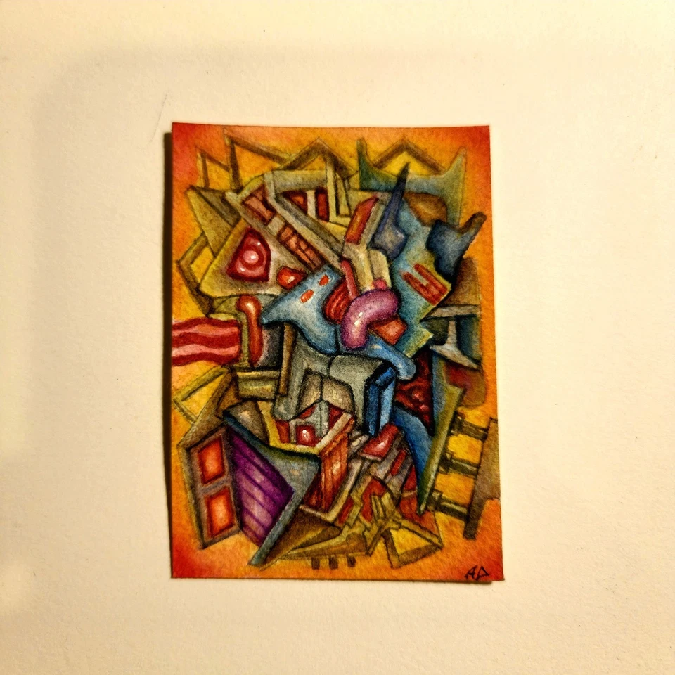 OBRA DE ARTE ORIGINAL ACEO Outsider Abstracto Surrealista Acuarela - "ENTRAILS DE VÉRTICE" Foto 3 de 4