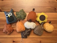 PRIM WOOL FELT ORNIES BOWL FILLERS TEN FALL  PUMPKINS, LEAVES, SUNFLOWER, OWL