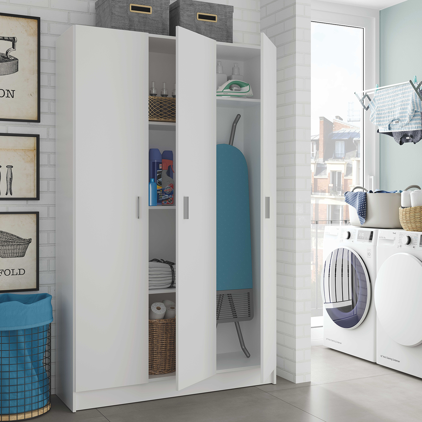 VITA 3 Door Broom Cupboard White Multi Use Utility Storage Unit